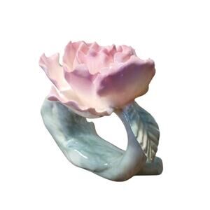 Vtg Bone China Pink Rose 3D Flower Green Leaves Standing Napkin Ring Holder READ